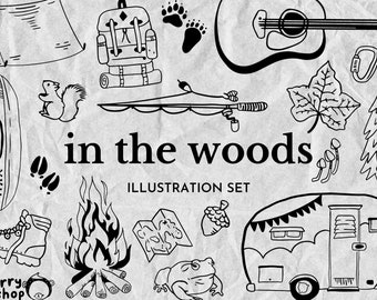 In the Woods clip art - met de hand getekende illustraties, boskrabbeltekeningen, bosdieren, buitenshuis, kampeerelementen Digitale download