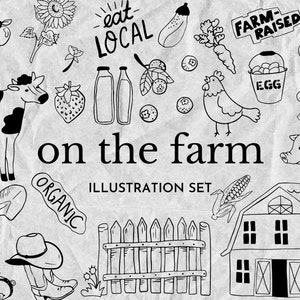On the Farm clip art - hand drawn illustrations, farm doodle drawings, farm animals, vegetables, farming elements Digital Download