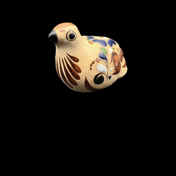 Mexican Tonala Folk Art Stoneware Pottery Hand Painted Bird | Vintage Hand Made Folk Art Pottery Bird Chubby Bird