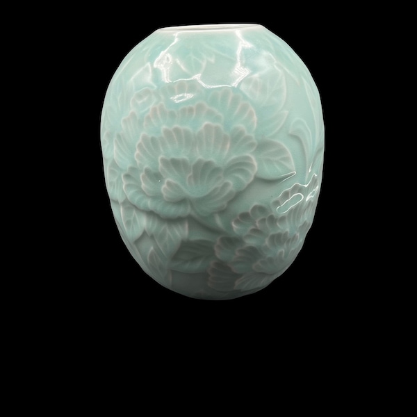 Asian Celadon Green Glazed Porcelain Embossed Vase | Vintage Japanese Embossed Floral Celadon Vase, Celadon Green