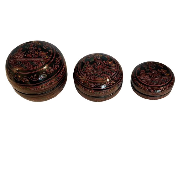 Hand Painted Asian Black Lacquerware Nesting Boxes | Black Lacquer Asian Burmese Nesting Bowls 3pc Set