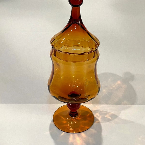 Vintage Empoli Blown Glass Amber Apothecary Jar with Lid "Circus Tent" Optic Design