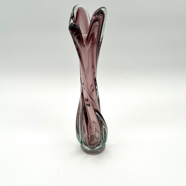 Vintage MCM Art Glass Swung Glass Amethyst Purple Vase | 3 Finger MCM Stretch Glass Swirl Glass Vase