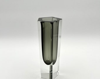 Murano Hexagon Sommerso Glass Faceted Vase Clear and Smoky Gray Color | Hand Made Murano Italy Blown Glass Vintage MCM