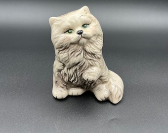 Vintage Cat Figurine Ceramic Kitten Hand Painted | White with Green Eyes 1960s Cat