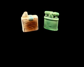 Vintage Saltimas Cigarette Pack and Lighter Ceramic Salt and Pepper Shaker Set | MCM Kitsch 1950s Salt and Pepper Shakers