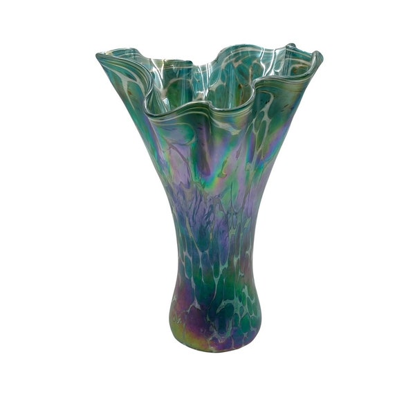 Hand Blown Glass Oil Spot Iridescent Swung Glass Vase | Vintage Art Glass Iridescent Oil Spot Teal Blue Pink Purple Stretch Glass