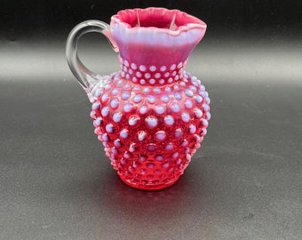 Vintage Fenton Glass Cranberry Opalescent White Hobnail Pitcher Crimped Edge | MCM Fenton Pitcher Creamer