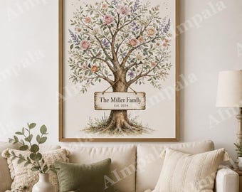 Personalized Birth Flower Family Tree Print, Watercolor Roots Wall Art (Digital Download)