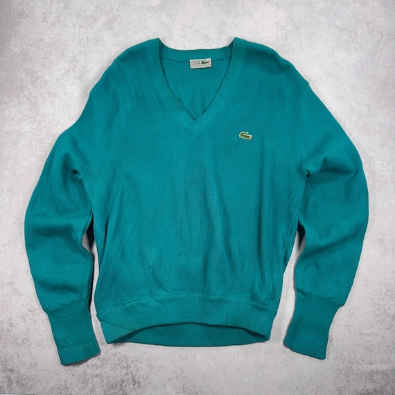 Lacoste, Vintage Chemise Lacoste V-Neck Sweater 1980s Teal Knit, Made in Spain, Size M