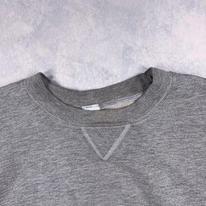 May include: Close-up of a heather gray sweatshirt. The crew neck collar and the V-shaped stitching at the neckline are visible. The fabric appears soft and comfortable, suitable for casual wear. The garment is a solid color.