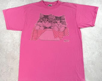 Vintage 90s Kittens Graphic T-Shirt / Pink / Cotton / Size XL / Animals