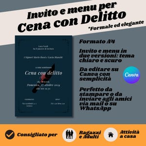 May include: A dark teal invitation and menu design for a "Dinner with a Crime" event. The text includes event details, the Canva logo, and phrases like "Formal and elegant" and "Recommended for".