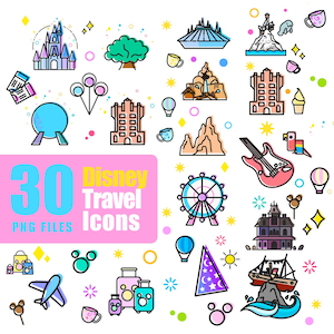 30 Cute Disney Park Icons Bundle – Magic Kingdom, Epcot, Animal Kingdom, Hollywood Studios Clipart – Files for Planners Sublimation Stickers