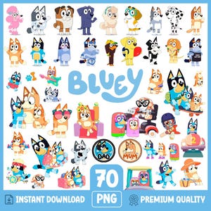 Bluey PNG Bundle 70+ High Resolution Clipart – Digital Download – Cute Cartoon Characters for Cricut, Sublimation & Party Decor