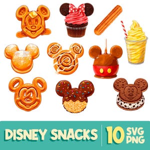 Disney Snack Clipart Bündel | 10 süße Micky Maus Leckereien PNG | Freizeitpark Essen Digitale Aufkleber | Kawaii Icons für Sublimation & Cricut