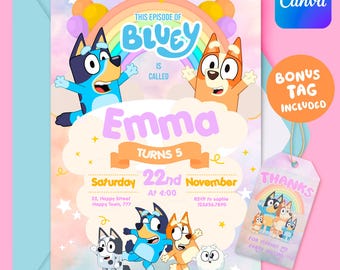 Invito di compleanno Bluey per bambine modificabile su Canva, invito alla festa Bluey scaricabile digitalmente, invito stampabile Bluey per bambine, nome personalizzato per età