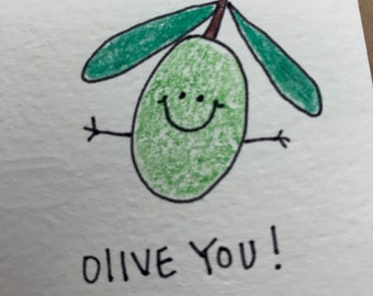 Tarjeta de felicitación con texto "Olive You" (dibujada a mano en papel kraft de 4 x 6 pulgadas), en blanco por dentro.