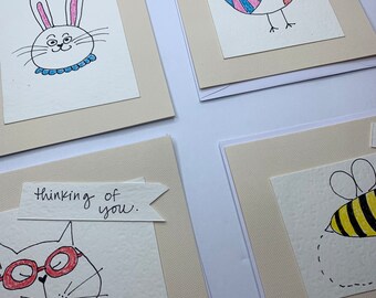 Juego de 4 tarjetas de felicitación con divertidos estampados de animales dibujados a mano, tamaño 4x6 con sobres