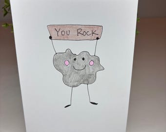 Tarjeta de felicitación de 4x6 dibujada a mano "You Rock" para cualquier ocasión, San Valentín, felicitaciones o graduación.