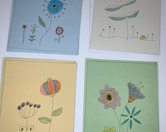 Juego de 4 tarjetas de felicitación con estampados florales dibujados a mano, 4 x 6, con sobres