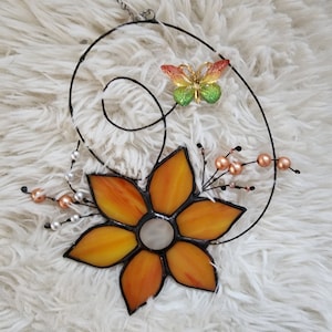 Stained glass suncatcher, flower with butterfly, summer, spring, mothers day, anniversary, housewarming