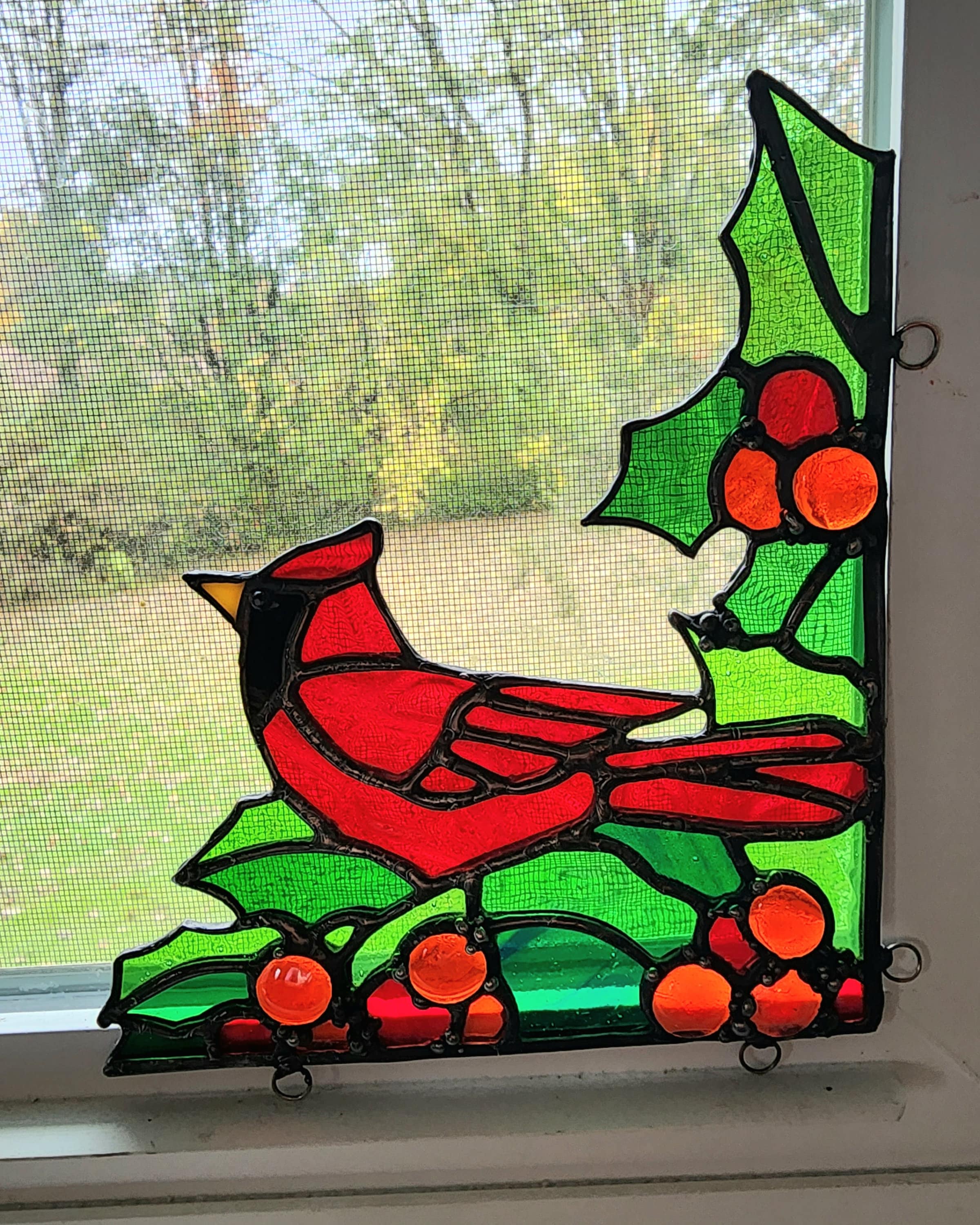 Stained Glass Window Corner Cardinal Sitting Amongst Holly and Berries ...