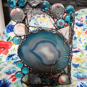 Stained glass with agate votive / candle holder, mothers day, house warming