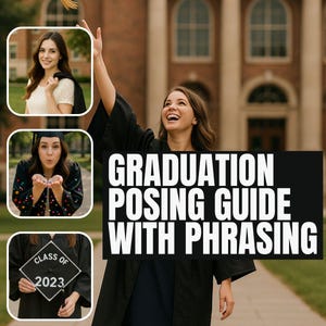 May include: A young woman in a graduation gown throws her cap in the air, celebrating. The image includes a guide with the text "GRADUATION POSING GUIDE WITH PHRASING" and inset photos of other poses. The background is a university campus.