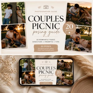 Peut inclure: Un guide de photographe intitulé "Couples Picnic Posing Guide" avec 20 poses romantiques, des invites et des conseils. Le guide présente des photos de couples dans des cadres extérieurs. Le guide comprend également "Golden Hour Inspo for Photographers."