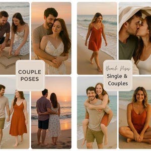 May include: A collage of photographs showcasing various couples and individuals striking poses on a beach. The images are arranged in a grid with the text "Couple Poses" and "Beach Poses Single & Couples" at the top.