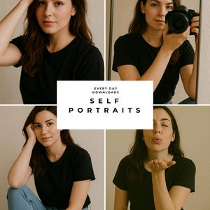 Peut inclure: Un collage de quatre autoportraits. Une personne portant un t-shirt noir et un jean bleu est présentée dans chaque image. Le texte "EVERY DAY DOWNLOADS SELF PORTRAITS" est superposé à l'image.