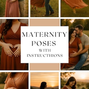Puede incluir: Un collage de imágenes que muestran poses de maternidad. Las fotos presentan a una persona embarazada con un vestido color óxido, a menudo con su pareja. Las imágenes están tomadas al aire libre, con luz natural y se centran en la conexión de la pareja.