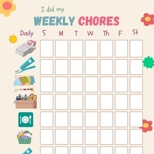 Puede incluir: Un gráfico de tareas semanales imprimible con un fondo beige e ilustraciones coloridas. El gráfico tiene un título que dice "Hice mis TAREAS SEMANALES". El gráfico está dividido en días de la semana, con una columna para cada día. Cada columna tiene siete casillas para marcar las tareas. Las tareas están representadas por iconos, como una cama, un cepillo de dientes, un perchero, un plato con un tenedor y un cuchillo, una magdalena, un cepillo de dientes, un libro y una cama con una luna y estrellas.