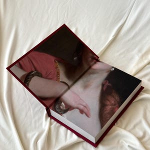 May include: A burgundy hardcover book with a painting of a woman's arm and shoulder on the cover. The woman is wearing a red dress and a gold bracelet.