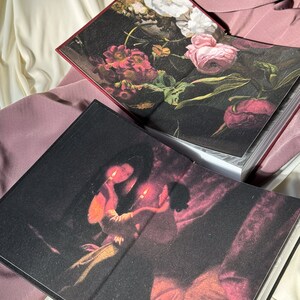 Puede incluir: Dos libros de tapa dura con diferentes cubiertas. El primer libro tiene un dise&ntilde;o floral con flores rosas, blancas y rojas sobre un fondo oscuro. El segundo libro tiene un fondo oscuro con una pintura de dos personas sosteniendo velas.