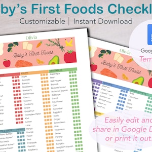 Puede incluir: Una lista de verificación imprimible para hacer un seguimiento de los primeros alimentos del bebé. La lista de verificación está organizada en categorías: alérgenos, frutas, verduras, nueces y semillas, mariscos y hierbas y especias. La lista de verificación es personalizable y se puede editar en Google Docs.