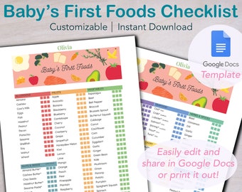 Puede incluir: Una lista de verificación imprimible para hacer un seguimiento de los primeros alimentos del bebé. La lista de verificación está organizada en categorías: alérgenos, frutas, verduras, nueces y semillas, mariscos y hierbas y especias. La lista de verificación es personalizable y se puede editar en Google Docs.