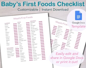 Puede incluir: Una lista de verificación imprimible para hacer un seguimiento de los primeros alimentos de un bebé. La lista está dividida en categorías: alérgenos, frutas, verduras, frutos secos y semillas, mariscos, lácteos y legumbres. Cada categoría tiene una lista de alimentos con una columna de círculos junto a cada alimento. Los círculos se pueden rellenar a medida que el bebé prueba cada alimento. La lista se titula "Baby's First Foods Checklist" y "Maya's First Foods". La lista es personalizable y se puede descargar como una plantilla de Google Docs.