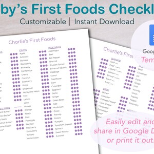 May include: A printable checklist for tracking a baby's first foods. The checklist is divided into categories such as allergens, fruits, vegetables, seafood, dairy, nuts and seeds, and herbs and spices. Each category has a list of foods with a column of circles next to each food. The circles can be filled in to indicate whether the baby has tried the food.