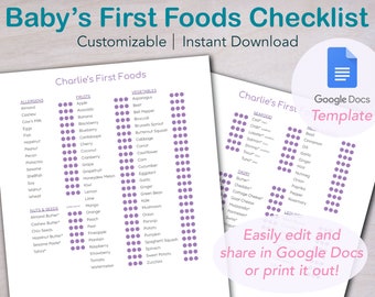 Puede incluir: Una lista de verificación imprimible para hacer un seguimiento de los primeros alimentos de un bebé. La lista de verificación está dividida en categorías como alérgenos, frutas, verduras, mariscos, lácteos, nueces y semillas, y hierbas y especias. Cada categoría tiene una lista de alimentos con una columna de círculos junto a cada alimento. Los círculos se pueden rellenar para indicar si el bebé ha probado el alimento.