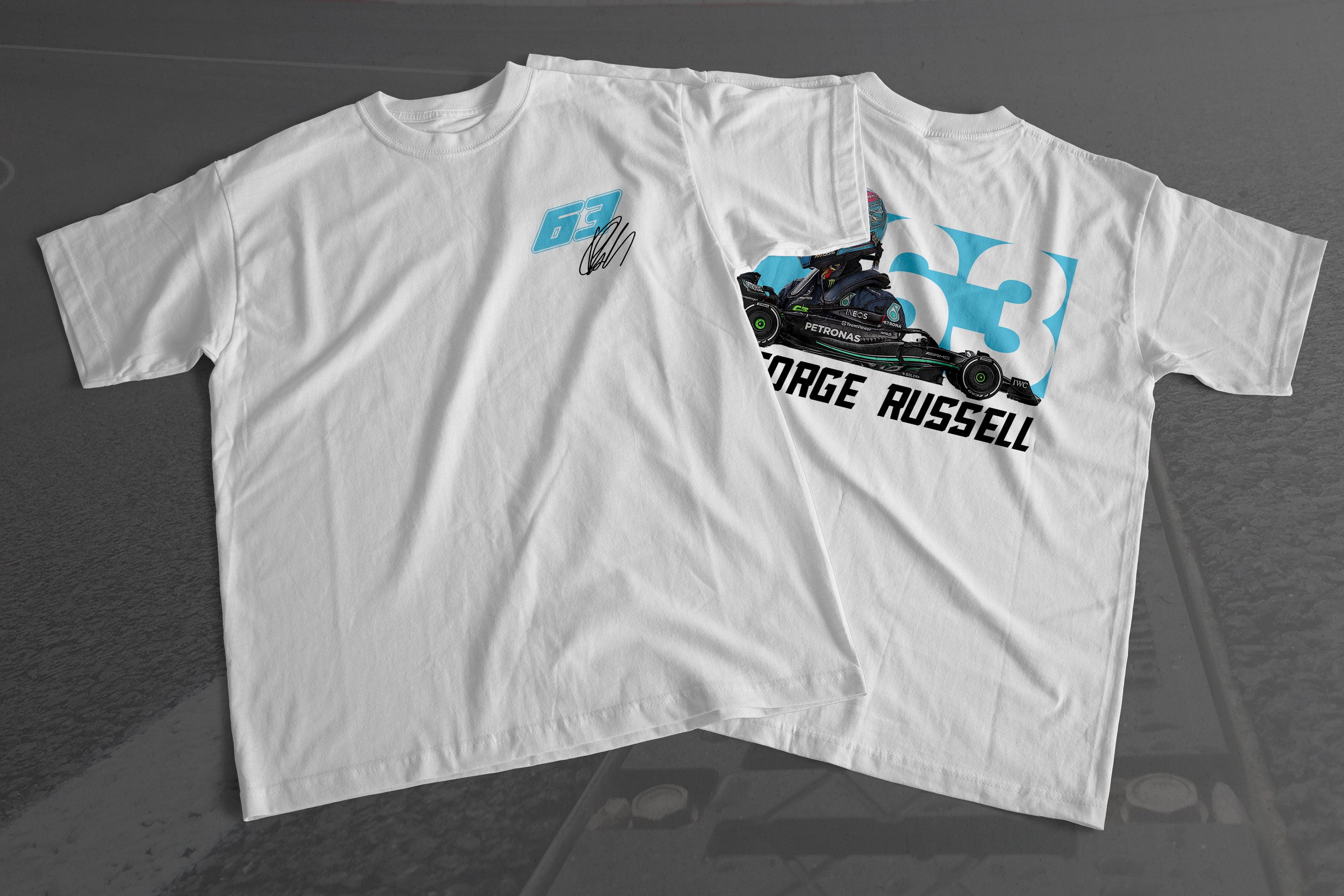 Discover George Russell Formula 1 Racing Graphic T-Shirt, 2023 F1 Racing Shirt, Motorsport Clothing F1, Mercedes F1 Bootleg T-Shirt, GR63 Tee