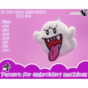 May include: A plush white ghost with a wide open mouth, red interior, and a pink tongue. The ghost has black eyes and eyebrows. Text on the image reads "In The Hoop Embroidery ITH 4x4" and "Pattern for embroidery machines".