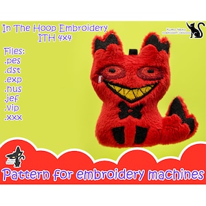 May include: Red plush toy in the shape of a cat with a black bow tie and a mischievous grin. The toy is designed for embroidery machines and includes files in various formats, including .pes, .dst, .exp, .hus, jef, .vip, and .xxx. The text "In The Hoop Embroidery ITH 4x4" is displayed above the toy.