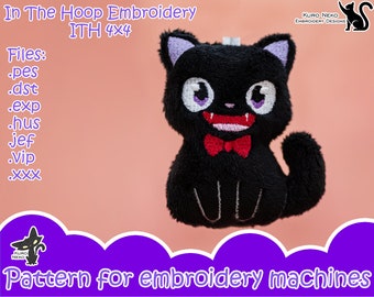 In The Hoop - Digital ITH Plush Pattern | Keychain Black Cute Cat 4x4 | Smile Stuffie Kitty Embroidery File Instant Download