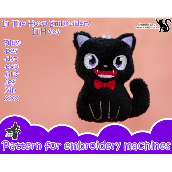In The Hoop - Digital ITH Plush Pattern | Keychain Black Cute Cat 4x4 | Smile Stuffie Kitty Embroidery File Instant Download