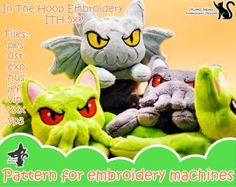 In The Hoop - Digital ITH Plush Pattern | Beanie Chibi Cthulhu Cat | Little Cute Horror | My Soft Plushie | Embroidery File Instant Download