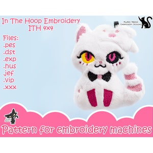 May include: A white plush cat with pink accents and black eyes. The cat is wearing a black bow tie. The image includes the text "In The Hoop Embroidery ITH 4x4" and "Files: .pes .dst .exp .hus jef .Vip .XXX".