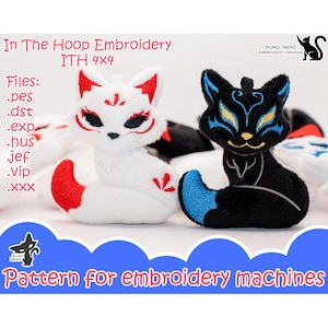 May include: Two embroidered plush fox toys, one white with red accents and one black with blue accents. The toys are in the hoop of an embroidery machine. The text "In The Hoop Embroidery ITH 4x4" is at the top of the image. The text "Files: .pes .dst .exp .hus jef .vip .xxx" is on the left side of the image. The text "KURO NEKO EMBROIDERY DESIGNS" is on the right side of the image. The text "Pattern for embroidery machines" is at the bottom of the image.
