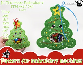 In The Hoop - Digital Treat bag ITH Pattern | Christmas Candy Christmas Tree 4x4 5x7 | 3 sizes Peekaboo | Embroidery File Instant Download